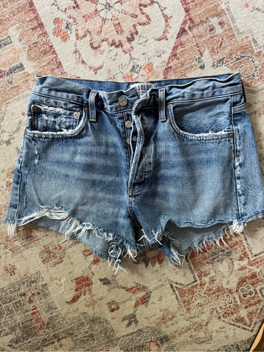 Agolde Light Blue Distressed Denim Cutoff Shorts